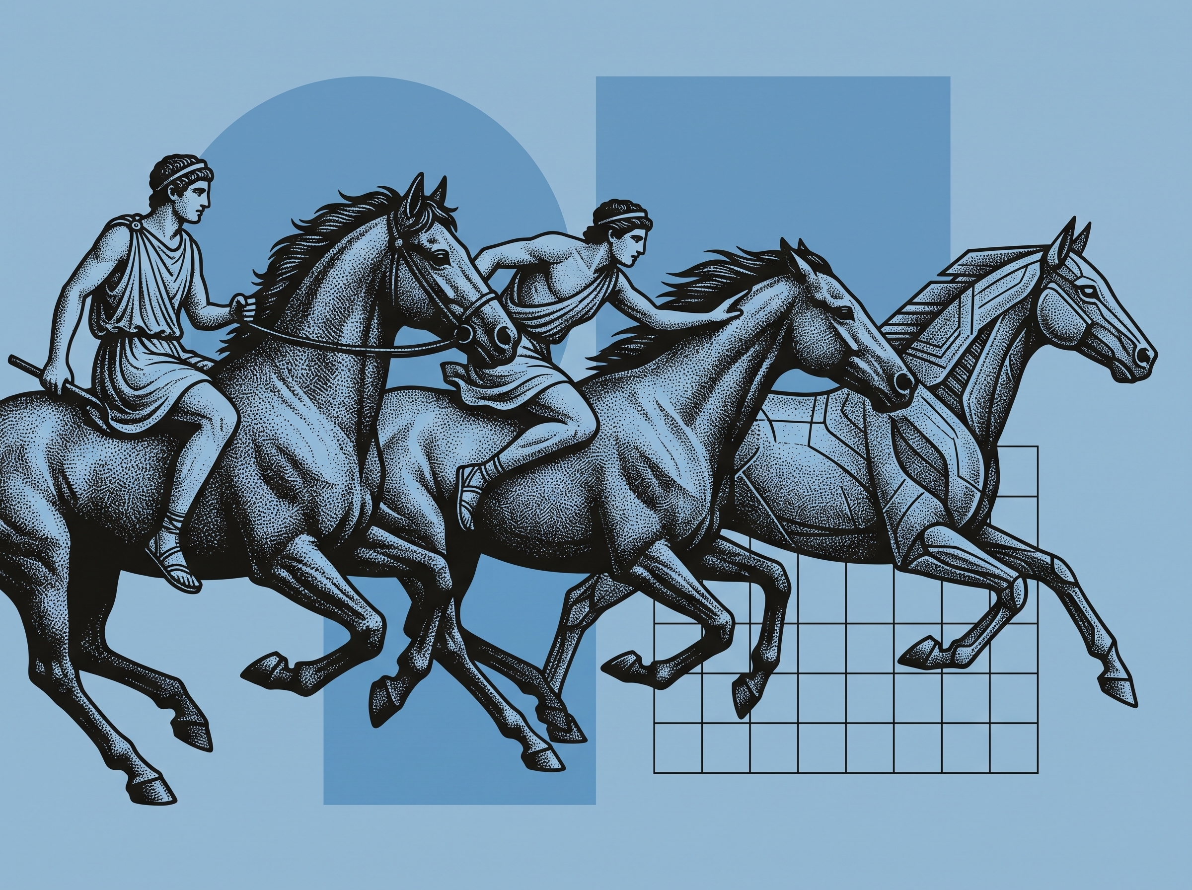Images of three horses with ancient greek men riding them